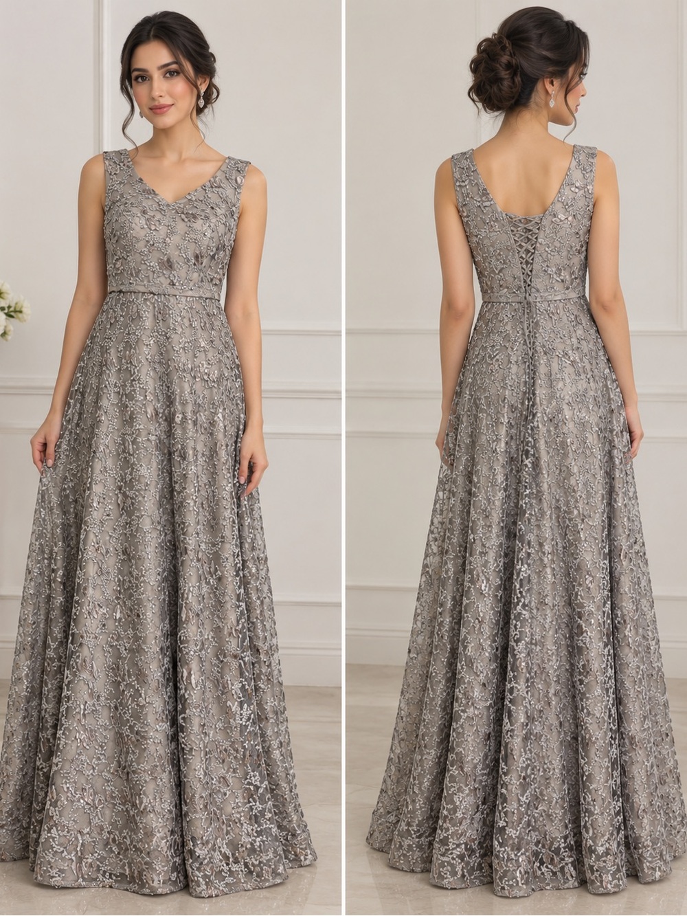 Elegant Silver V-Neck Lace Evening Gown